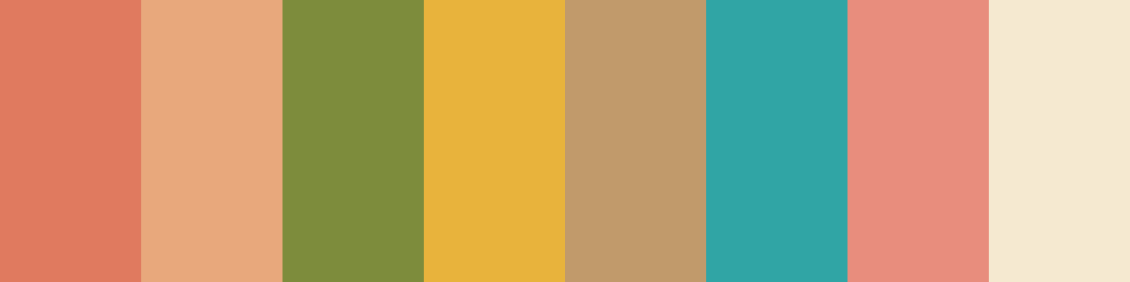 Varna Code ethnic colour palette for Honey skin tone: coral, peach, warm moss, golden yellow, camel, turquoise, coral pink and warm cream